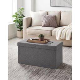 SONGMICS Medium Foldable Storage Bench Ottoman Flipping Lid Heavy Duty in Dark Grey