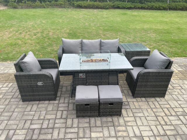 Fimous Outdoor Rattan Garden Furniture Set Propane Gas Fire Pit Table Burner with Lounge Sofa Side Tables 2 Small Footstool in Dark Grey - image 1