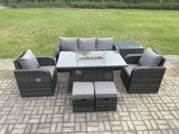 Fimous Outdoor Rattan Garden Furniture Set Propane Gas Fire Pit Table Burner with Lounge Sofa Side Tables 2 Small Footstool in Dark Grey - thumbnail 1