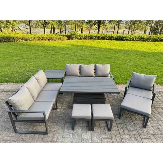 Fimous Aluminum 10-Seater Patio Set with Lifting Table, 3 Footstools in Dark Grey - image 1