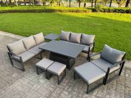Fimous Aluminum 10-Seater Patio Set with Lifting Table, 3 Footstools in Dark Grey - thumbnail 2