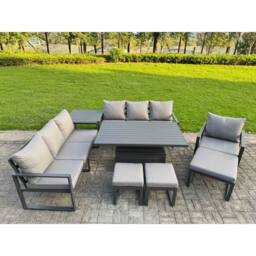 Fimous Aluminum 10-Seater Patio Set with Lifting Table, 3 Footstools in Dark Grey - thumbnail 1