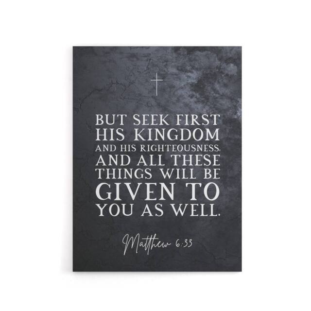 "Artery8 Matthew 6 33 See First His Kingdom Bible Quote Canvas Wall Art Print in Grey - Size: W24"" x H32""" - image 1