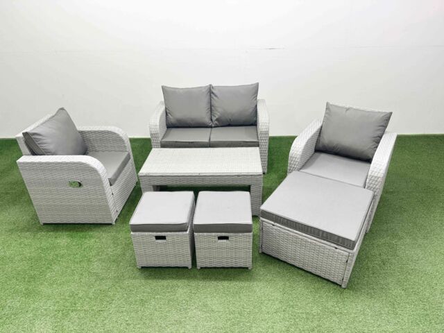 Fimous Light Grey PE Wicker Rattan Garden Furniture Set Sofa Set Reclining Adjustable Chair Oblong Coffee Table 7 Seater 3 Stools - image 1