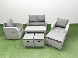 Fimous Light Grey PE Wicker Rattan Garden Furniture Set Sofa Set Reclining Adjustable Chair Oblong Coffee Table 7 Seater 3 Stools - thumbnail 1