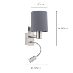 Eglo Pasteri Steel & Fabric Wall or Reading Light in Silver - thumbnail 3
