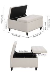 Living and Home Square Linen Upholstered Storage Ottoman with Lift-Top & Flip Design in Off-White - thumbnail 3