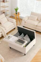 Living and Home Square Linen Upholstered Storage Ottoman with Lift-Top & Flip Design in Off-White - thumbnail 2