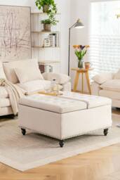Living and Home Square Linen Upholstered Storage Ottoman with Lift-Top & Flip Design in Off-White