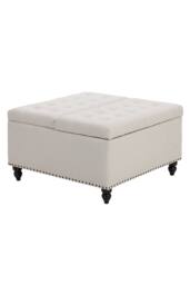 Living and Home Square Linen Upholstered Storage Ottoman with Lift-Top & Flip Design in Off-White - thumbnail 9