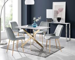 FurnitureboxUK Leonardo White Glass Marble Effect Gold Leg Table & 4 Pesaro Gold Leg Chairs in Grey - thumbnail 1
