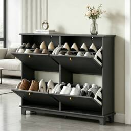 ERGOVEXA Slim Shoe Storage Cabinet with 4 Flip Drawers, Adjustable Shelves in Black