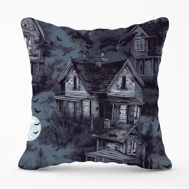 Warren Reed - Designer Spooky Shadowy Haunted House Outdoor Cushion in Grey - Size: 45 cm x 45 cm - image 1