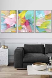ARTZE Set of 3 Light Grey Framed Abstract Bright Painted Fractal Wall Art - Size: W45 cm x H62 cm x D20mm - thumbnail 1