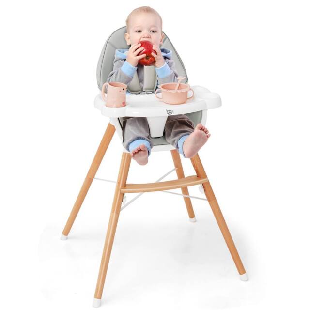 Costway Wooden Toddler Dining Chair Highchair With 5 Point Harness in Grey - image 1