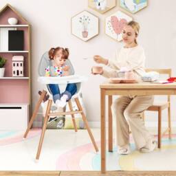 Costway Wooden Toddler Dining Chair Highchair With 5 Point Harness in Grey - thumbnail 3