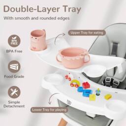 Costway Wooden Toddler Dining Chair Highchair With 5 Point Harness in Grey - thumbnail 5