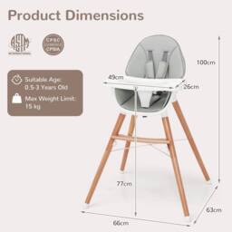 Costway Wooden Toddler Dining Chair Highchair With 5 Point Harness in Grey - thumbnail 2