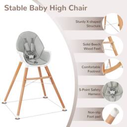 Costway Wooden Toddler Dining Chair Highchair With 5 Point Harness in Grey - thumbnail 8