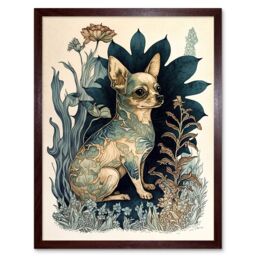"Artery8 Wall Art Print Chihuahua Dog With Floral Pattern Fur Coat Modern Portrait in Flower Field Art Framed in Brown - Size: W12"" x H16""" - thumbnail 1