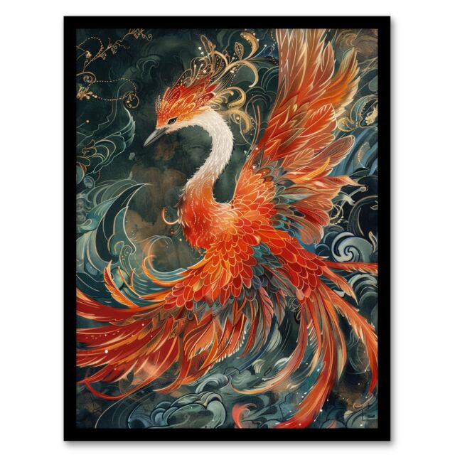 "Artery8 Wall Art Print Phoenix Bird & Smoke Clouds Stylised Painting Art Framed Poster in Black - Size: W12"" x H16""" - image 1