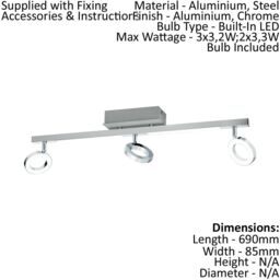 Loops Wall Spot Light Aluminium Chrome Shade Satined Plastic Bulb LED 3x3.2W 2x3.3W - thumbnail 2