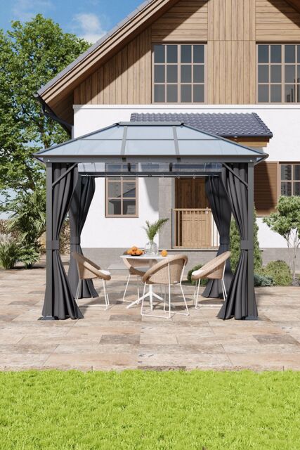 Living and Home 10 x 10FT Metal Frame Hardtop Patio Gazebo with Curtains in Dark Grey - image 1