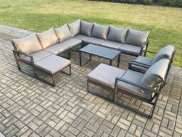 Fimous Aluminium Outdoor Garden Furniture Set Lounge Corner Sofa 2 Pcs Chair Oblong Coffee Table Sets with 2 Big Footstools Dark Grey - thumbnail 1