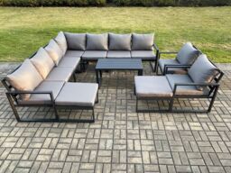 Fimous Aluminium Outdoor Garden Furniture Set Lounge Corner Sofa 2 Pcs Chair Oblong Coffee Table Sets with 2 Big Footstools Dark Grey - thumbnail 2