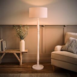 ValueLights Victoria White Wood Traditional Stem Floor Lamp with Fabric Drum Shade - thumbnail 3