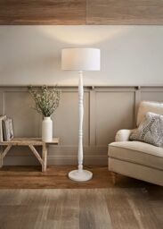 ValueLights Victoria White Wood Traditional Stem Floor Lamp with Fabric Drum Shade