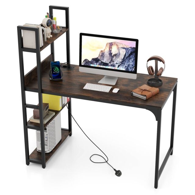Gymax Writing Desk Industrial Gaming Table With Power Outlets & Shelves in Brown - image 1