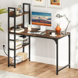 Gymax Writing Desk Industrial Gaming Table With Power Outlets & Shelves in Brown - thumbnail 6