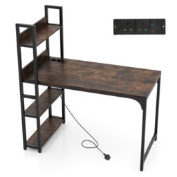 Gymax Writing Desk Industrial Gaming Table With Power Outlets & Shelves in Brown - thumbnail 3