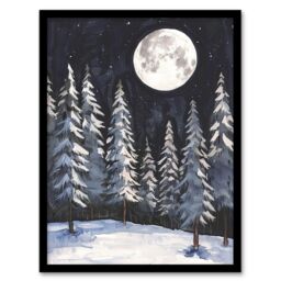 "Artery8 Full Moon Over Winter Forest Landscape Snowy Trees Framed Art Print in Grey - Size: W12"" x H16""" - thumbnail 1