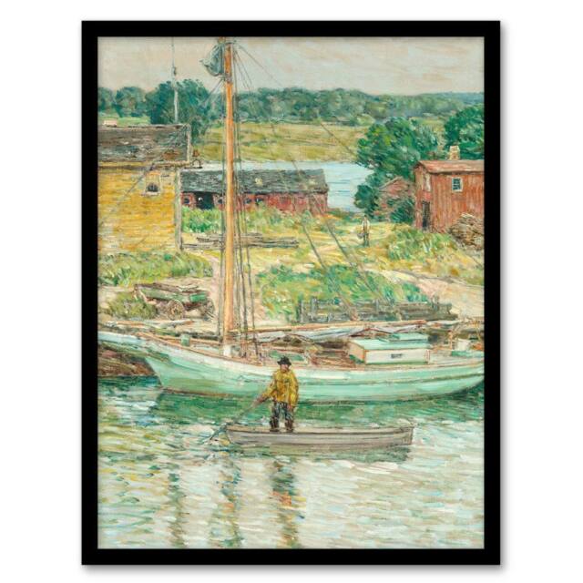 Artery8 Childe Hassam Framed Wall Art Oyster Sloop Sailboat in Cos Cob Harbour - Size: A4 - image 1