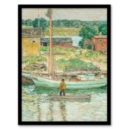 Artery8 Childe Hassam Framed Wall Art Oyster Sloop Sailboat in Cos Cob Harbour - Size: A4 - thumbnail 1