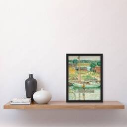 Artery8 Childe Hassam Framed Wall Art Oyster Sloop Sailboat in Cos Cob Harbour - Size: A4 - thumbnail 2