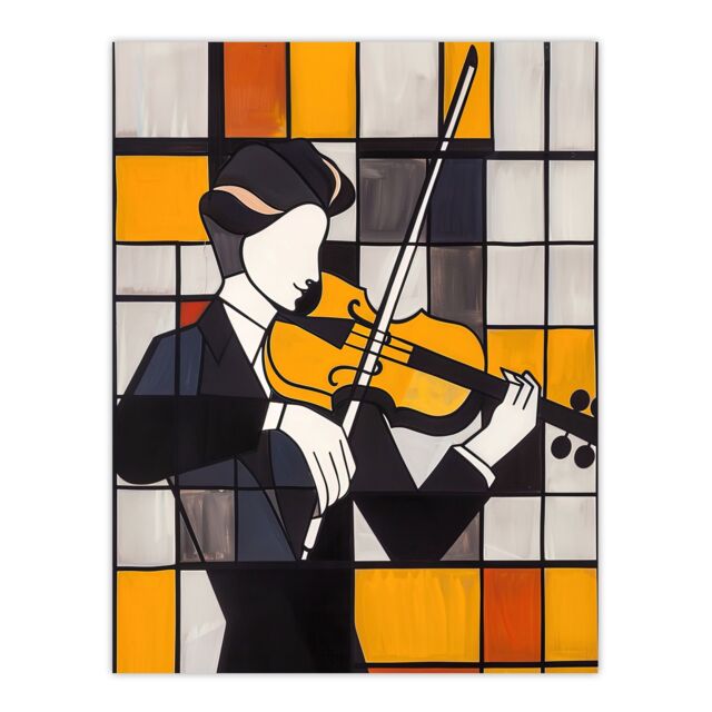 "Artery8 Violinist Painting Cubism Classical Music Lover Wall Art Print in Yellow - Size: W12"" x H16""" - image 1