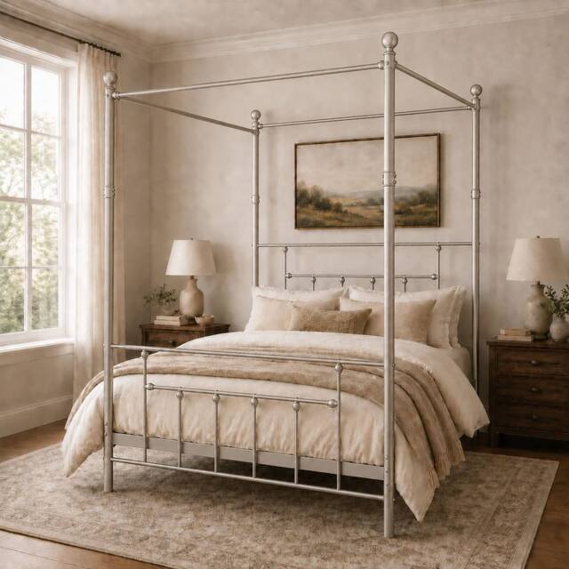 SquareBoxx Charlotte Double Four Poster Metal Bed Frame with Metal Slats in Silver - image 1