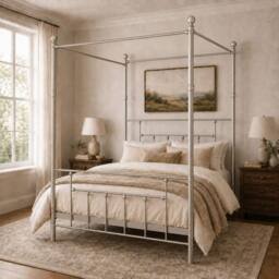 SquareBoxx Charlotte Double Four Poster Metal Bed Frame with Metal Slats in Silver