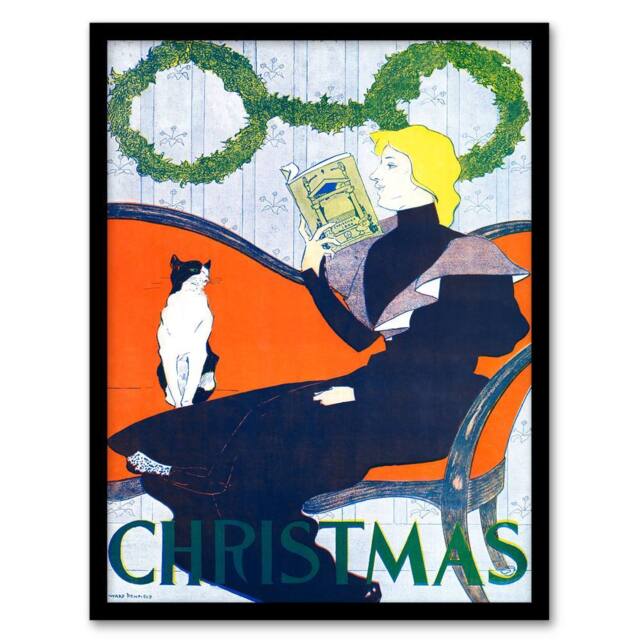 Artery8 Edward Penfield Framed Wall Art Vintage Christmas Woman With Cat in Red - Size: A4 - image 1