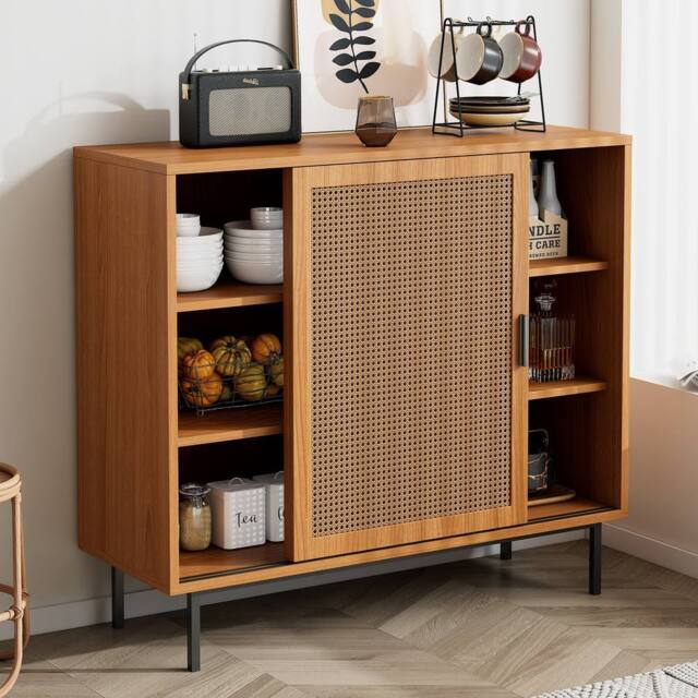 Merax Rattan Sliding Door Sideboard Kitchen Cabinet with Adjustable Shelves in Walnut - image 1