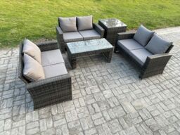 Fimous 6 Seater Rattan Wicker Garden Furniture Patio Conservatory Sofa Set with Coffee Table Double Seater Sofa Side Table in Dark Grey - thumbnail 2