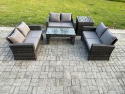 Fimous 6 Seater Rattan Wicker Garden Furniture Patio Conservatory Sofa Set with Coffee Table Double Seater Sofa Side Table in Dark Grey - thumbnail 1