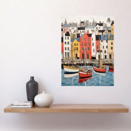 "Artery8 Wall Art Print Colourful Town Harbour Acrylic Painting Red Yellow Blue Fishing Boats Coastal Townscape Poster - Size: W24"" x H32""" - thumbnail 2