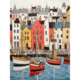 "Artery8 Wall Art Print Colourful Town Harbour Acrylic Painting Red Yellow Blue Fishing Boats Coastal Townscape Poster - Size: W24"" x H32""" - thumbnail 1