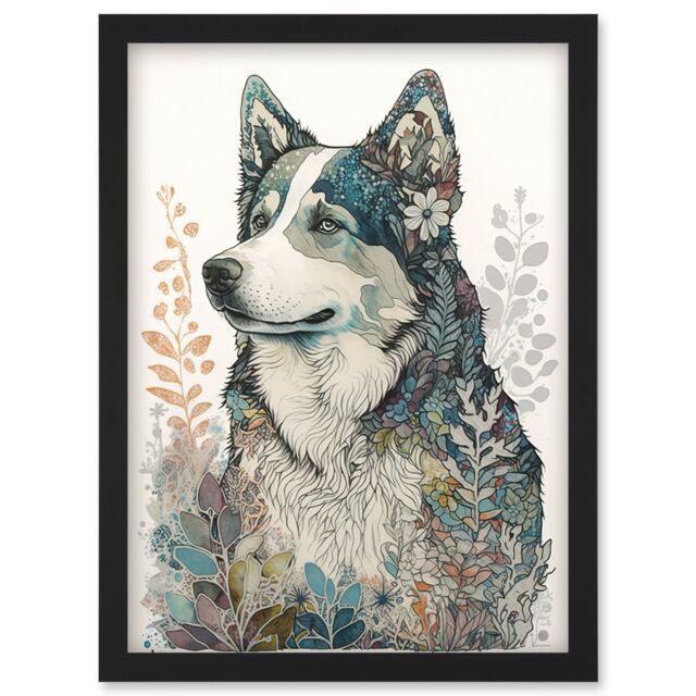 Artery8 Siberian Husky Dog Nature Spirit Animal Modern Multicoloured Illustration Artwork Framed Wall Art Print A4 in Black - image 1