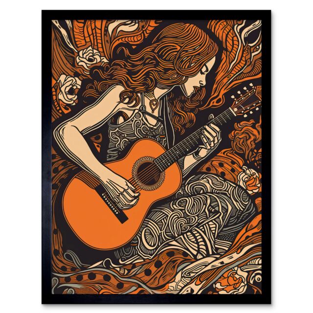 "Artery8 Wall Art Print Woman Playing Guitar Music in Rose Flower Field Art Framed in Black - Size: W12"" x H16""" - image 1