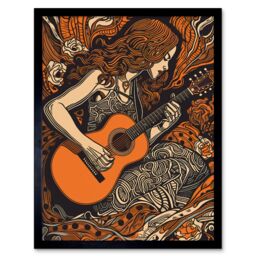 "Artery8 Wall Art Print Woman Playing Guitar Music in Rose Flower Field Art Framed in Black - Size: W12"" x H16""" - thumbnail 1